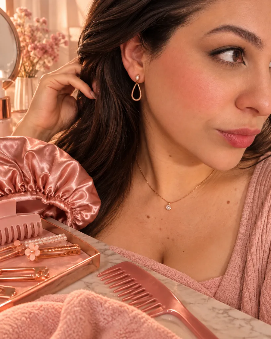 Perfil de mulher usando brinco delicado de gota e colar fino com pingente cintilante, em tom rose gold