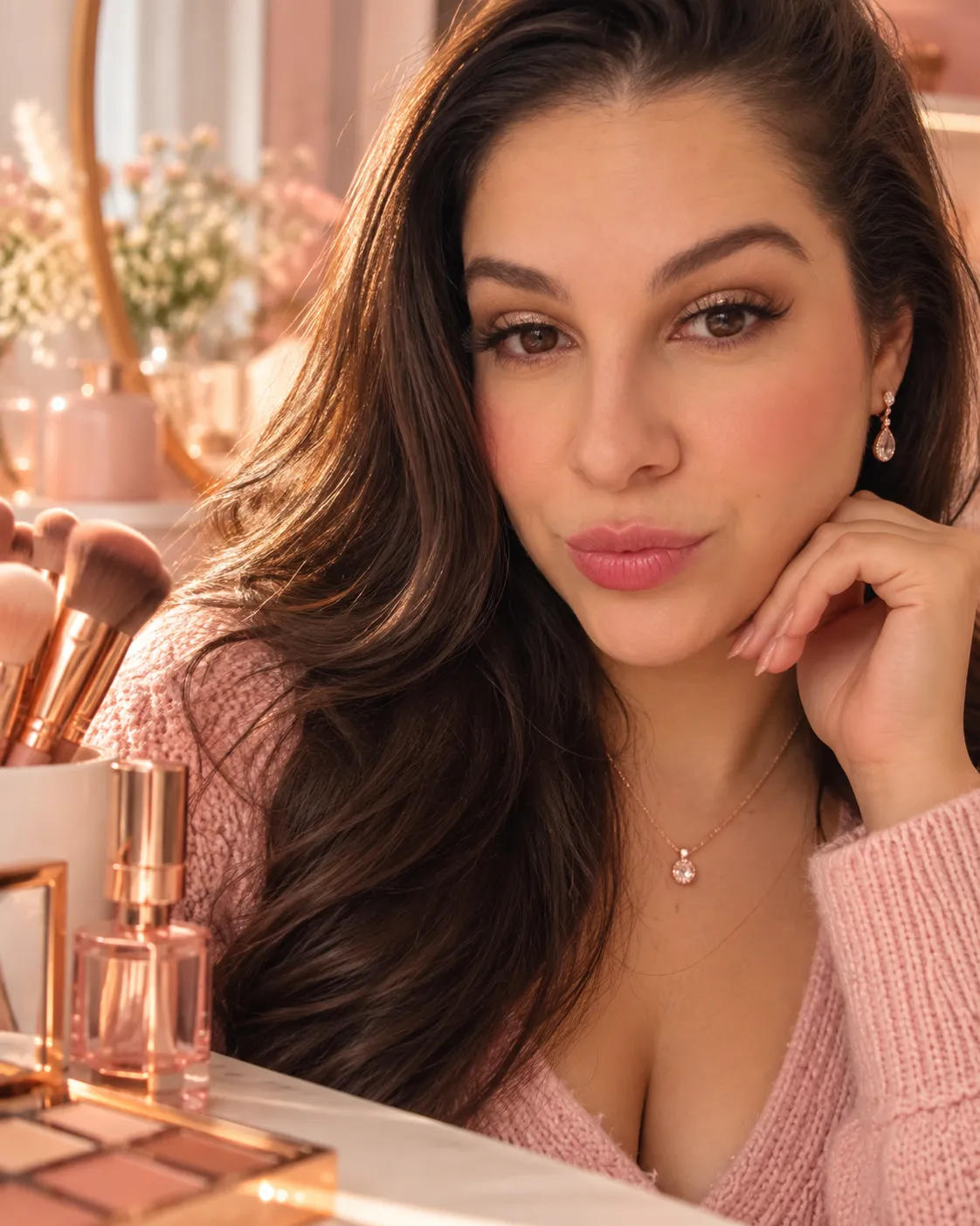 Mulher de cabelo castanho longo e ondulado, com suéter rosa, apoiando o rosto na mão diante de pincéis, perfume e paleta de maquiagem
