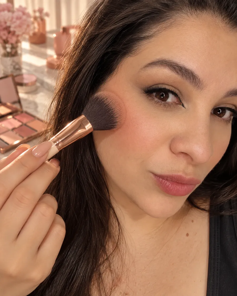 Mulher aplicando blush com um pincel macio, com uma paleta de maquiagem sobre a bancada de mármore ao fundo