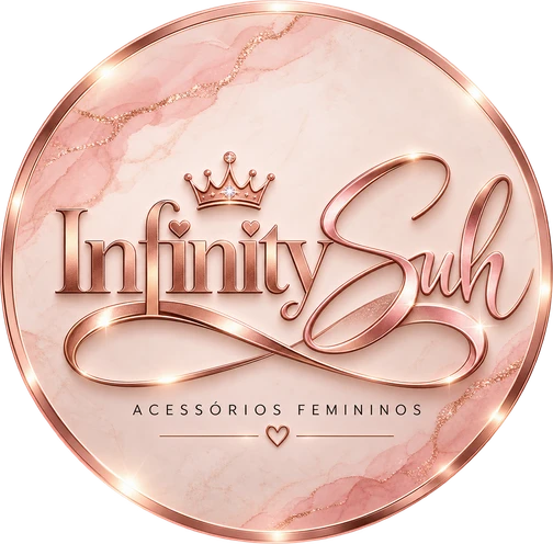 Logo da Infinity Suh: o nome com coroa e infinito em rose gold, e a frase acessórios femininos