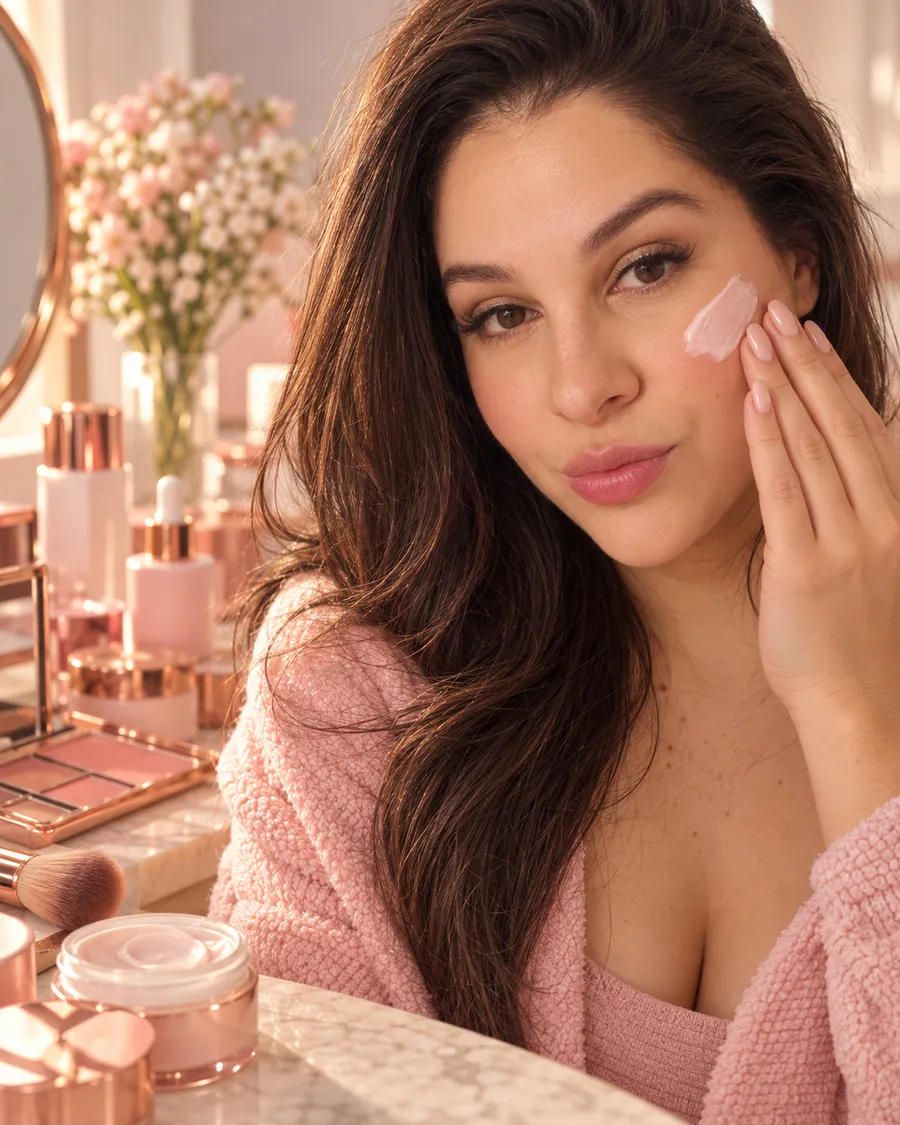 Mulher de suéter rosa passando creme na bochecha com a ponta dos dedos, com potes e frascos de skincare sobre a penteadeira